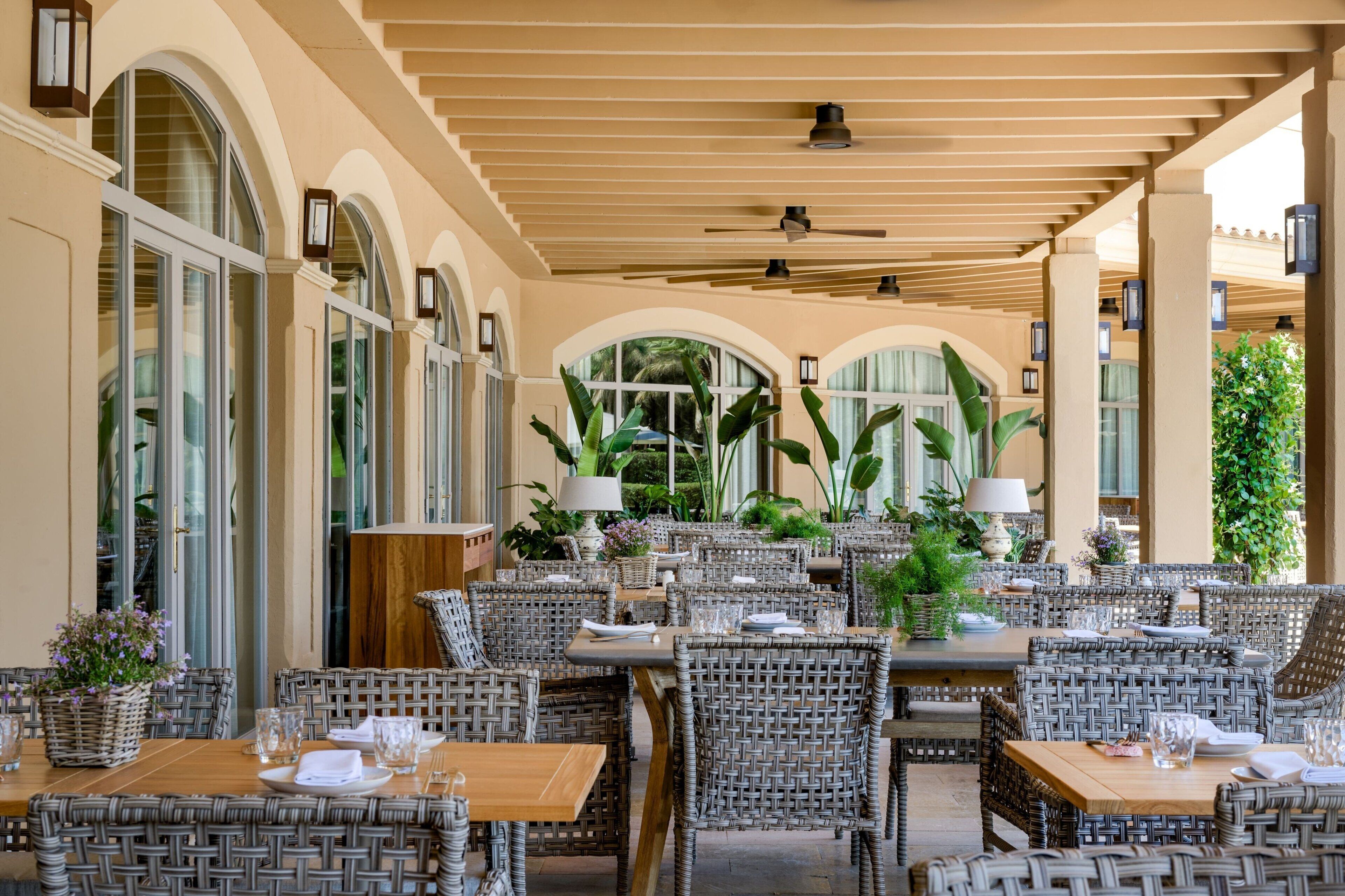 An outdoor dining area with wicker furniture, large windows, and potted plants.