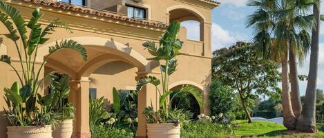 A building with a beige facade, large potted plants, and a paved walkway.