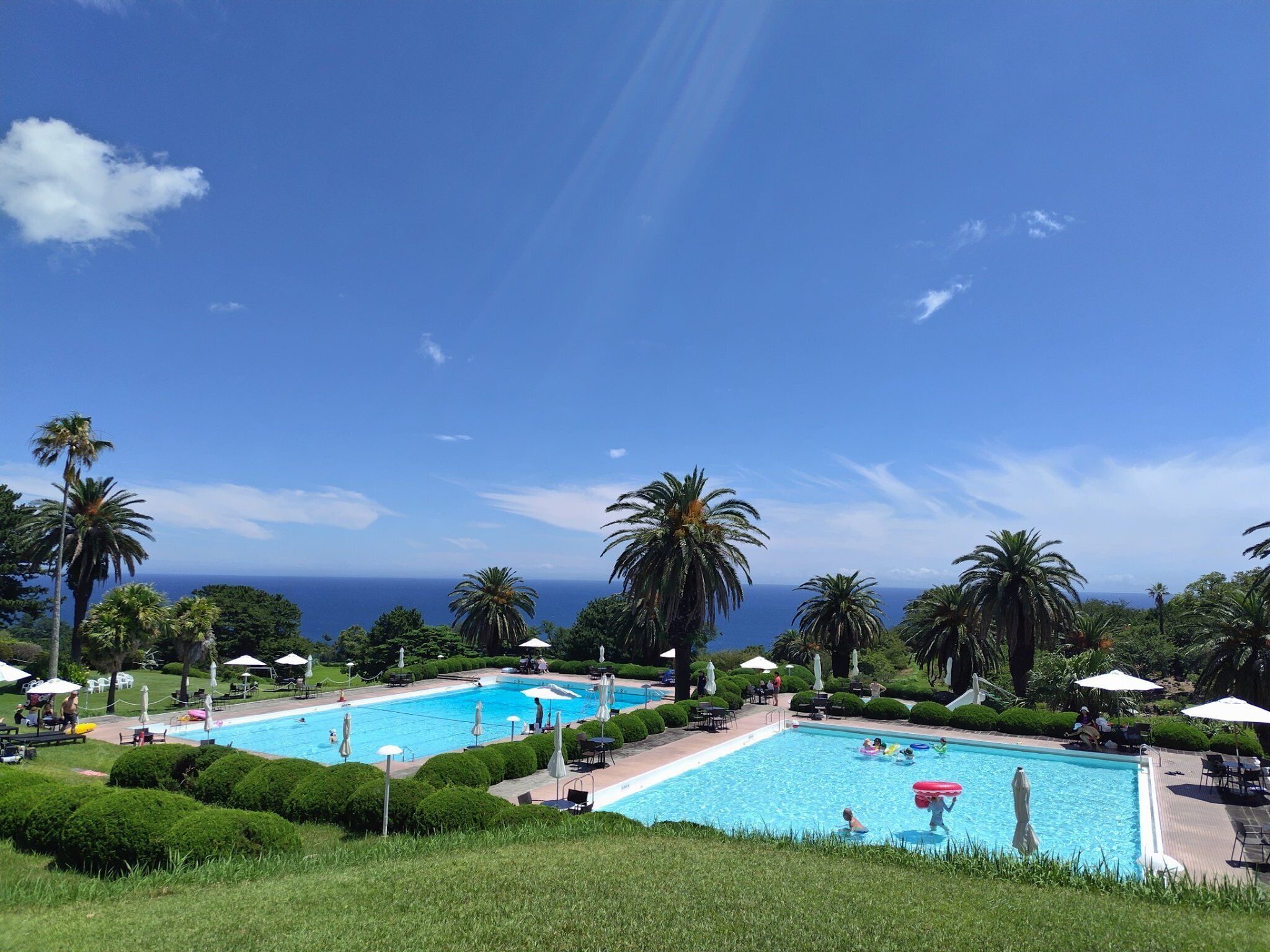 A pool area with two pools, surrounded by palm trees and a view of the ocean.