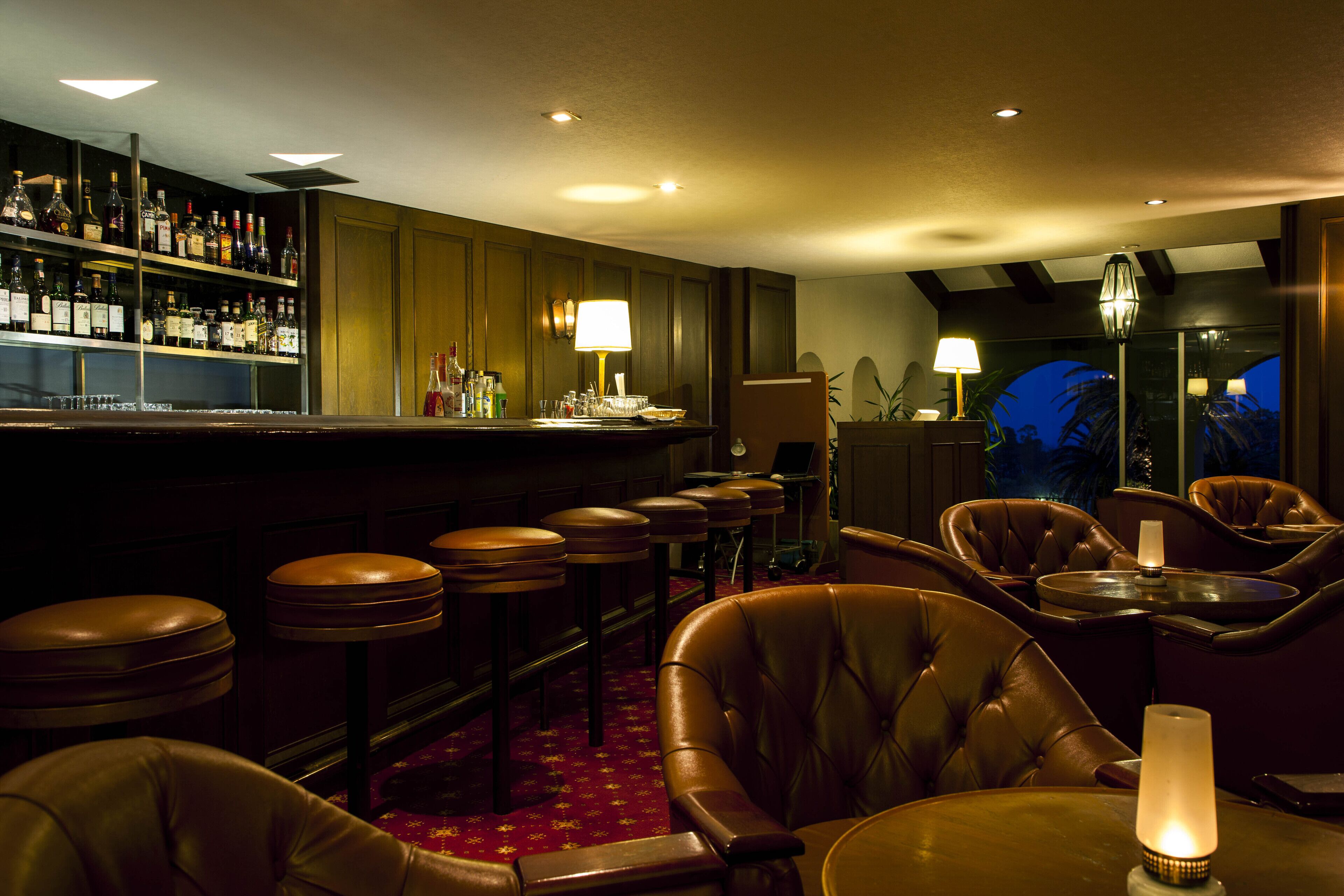A bar area with leather seating, a bar counter with bottles, and a view of the outdoors.
