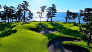 Een golfbaan met bunkers en bomen, met uitzicht op een waterpartij.
