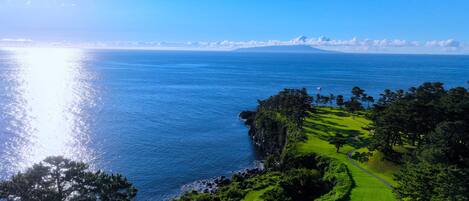 A coastal landscape with a golf course, clear skies, and a view of the ocean.