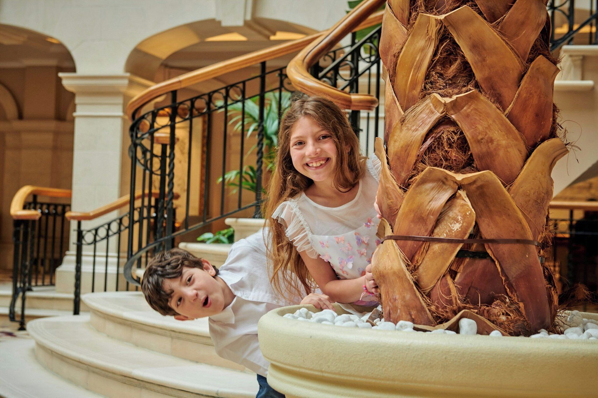 A grand staircase with a palm tree planter in the center.