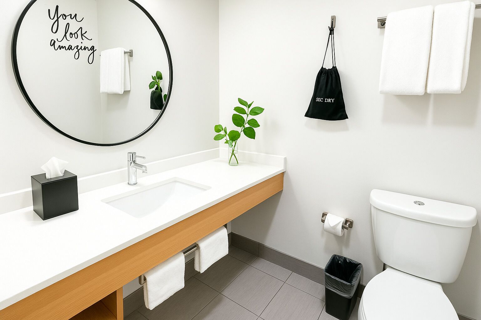 A modern bathroom with a white sink, a mirror with a motivational quote, a small plant, a black bag, and a toilet.