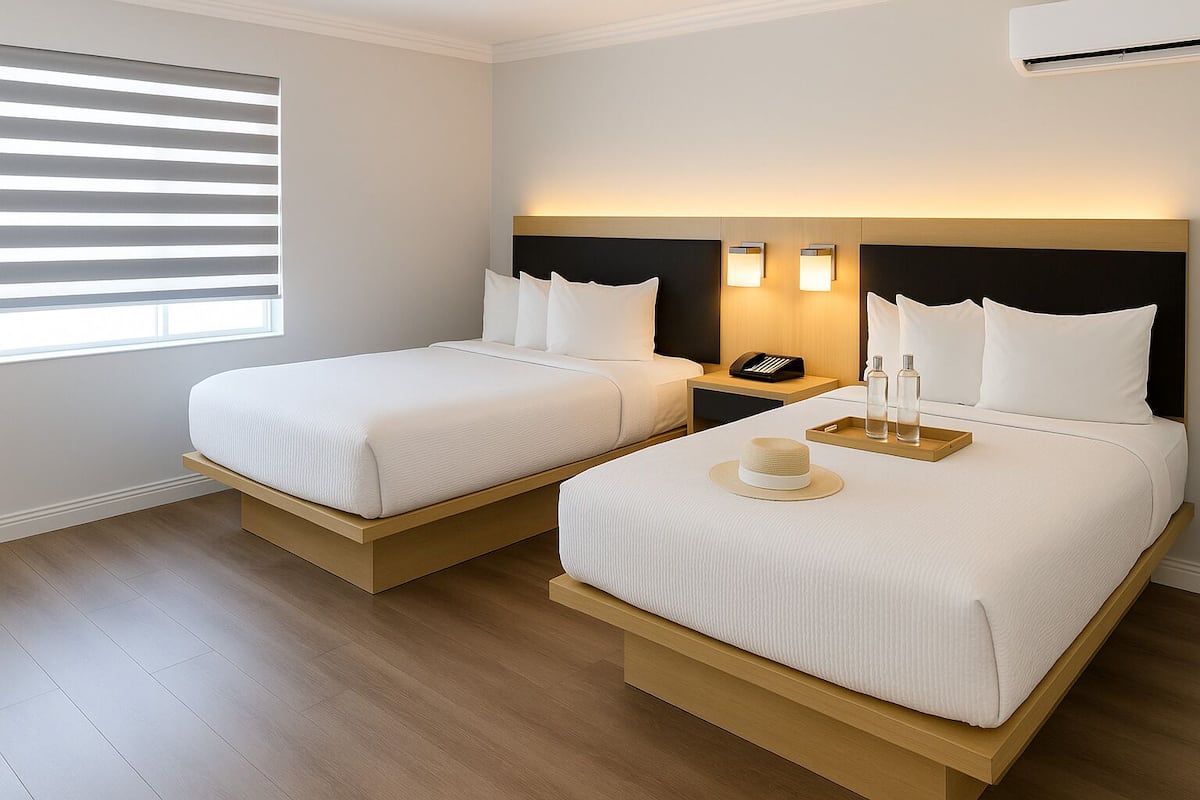 Habitación, 2 camas dobles, Se admiten mascotas | Caja fuerte, escritorio, espacio para trabajar con un portátil