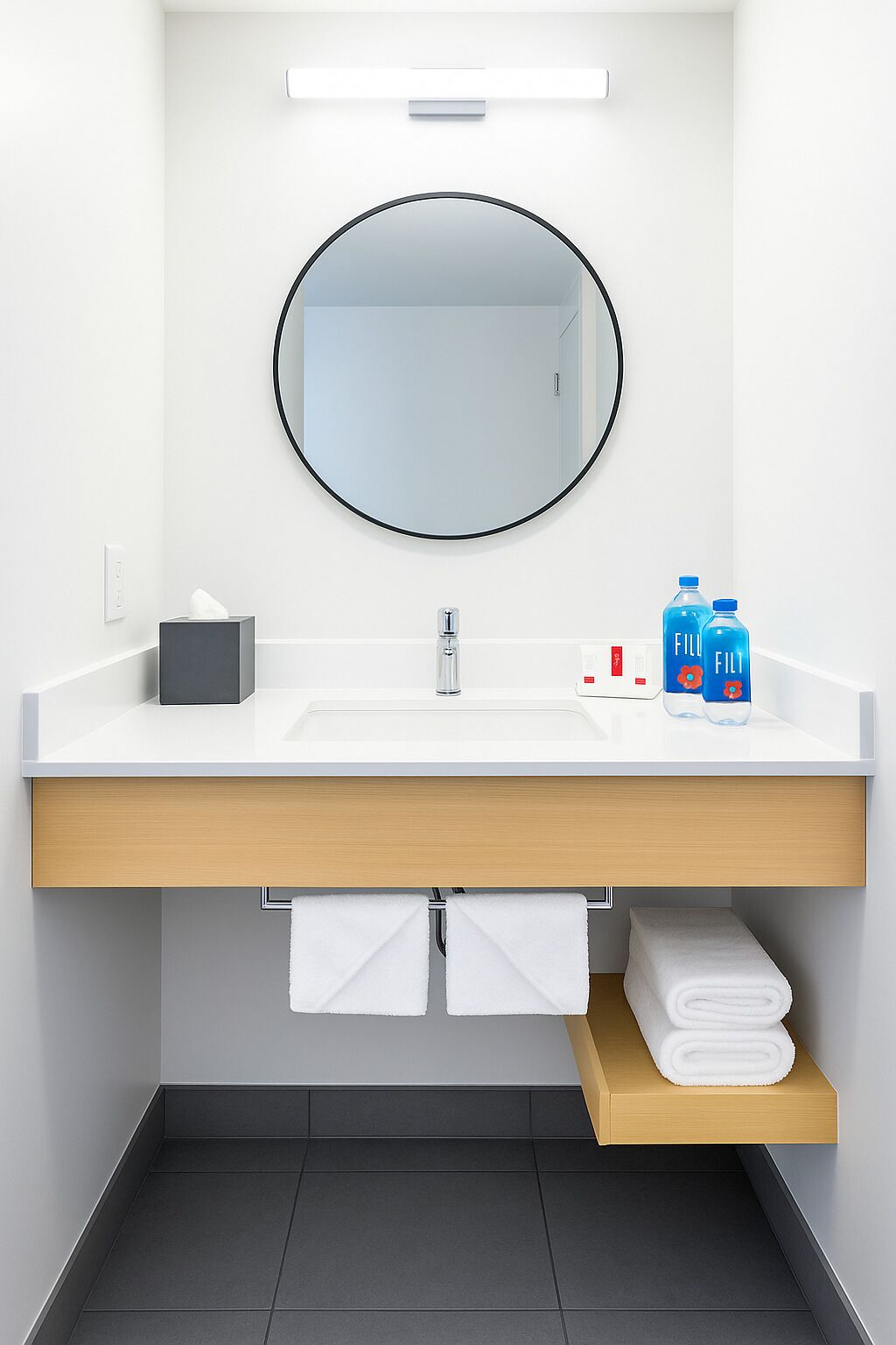 Une salle de bain moderne avec un lavabo blanc, un miroir rond et deux bouteilles bleues posées sur le comptoir.
