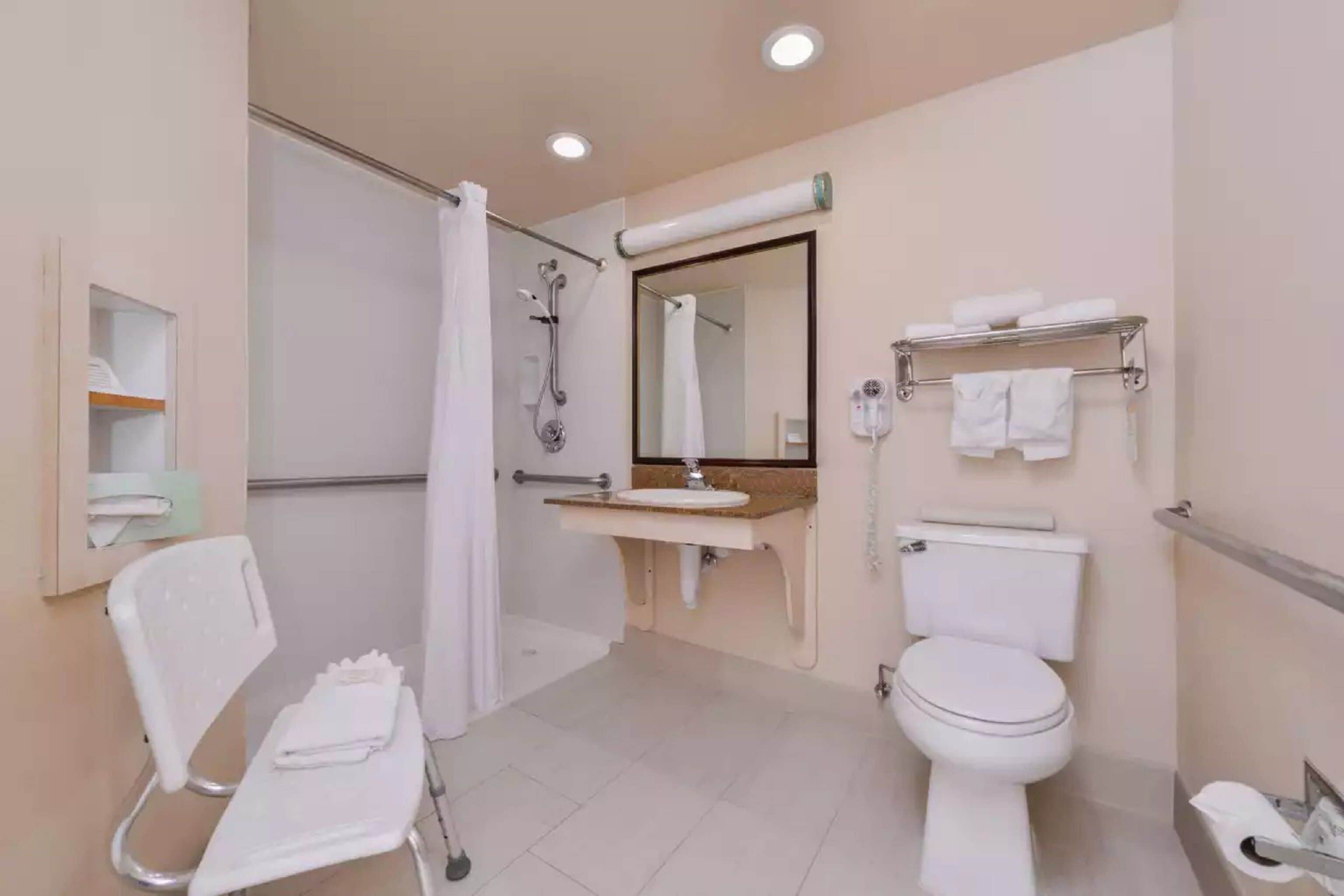 Um banheiro com chuveiro acessível para cadeirantes, pia, vaso sanitário e espelho.