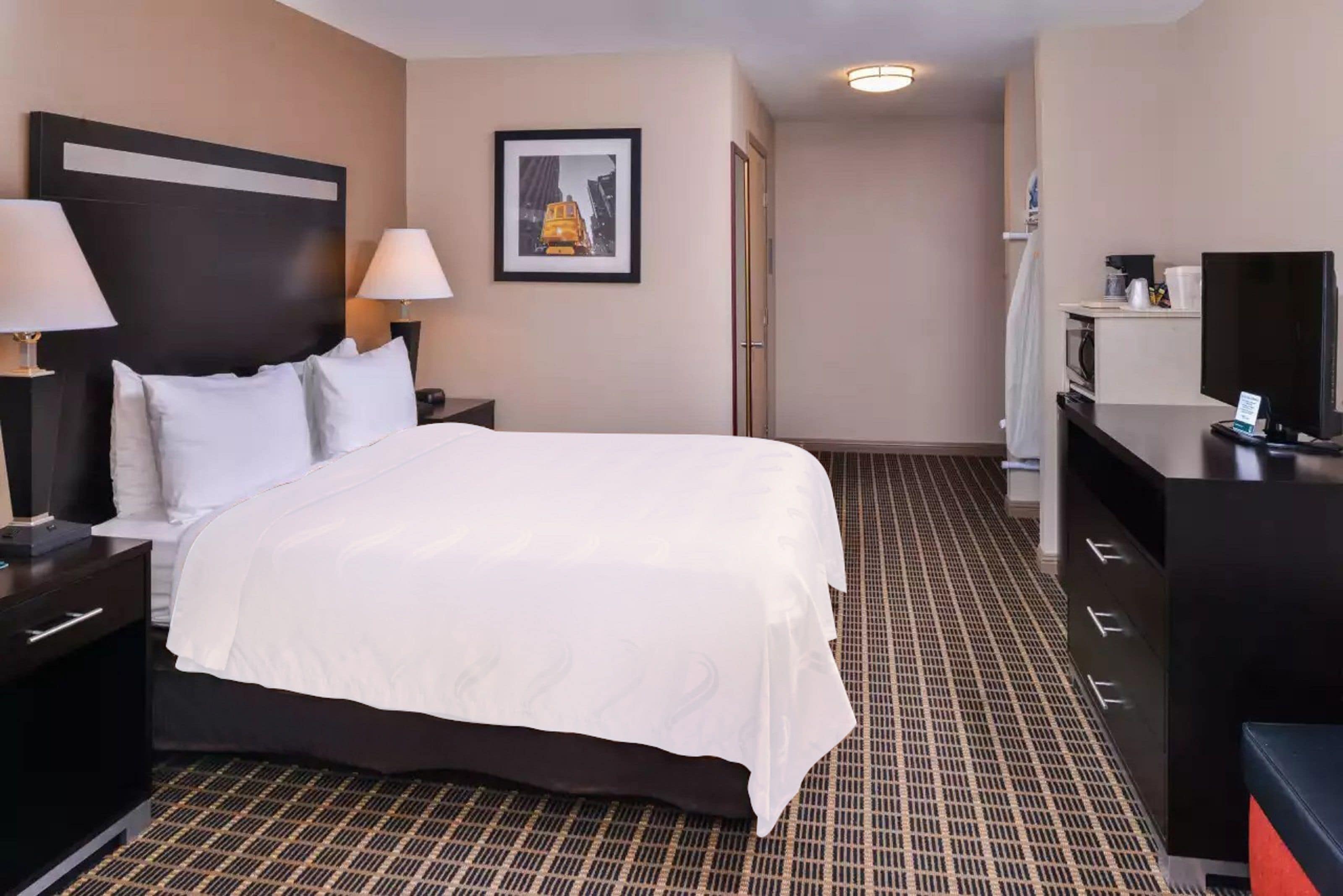A hotel room with a large bed, two bedside tables with lamps, a television, and a framed picture on the wall.