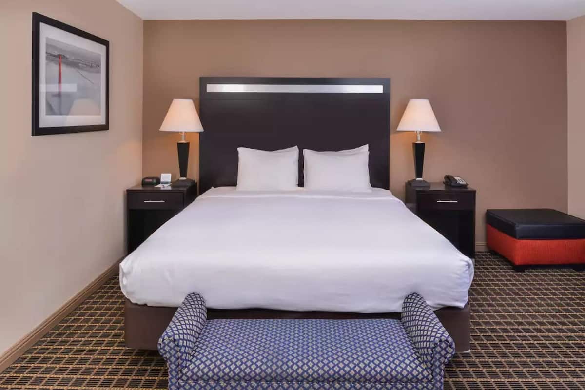 Habitación de hotel con una cama grande, dos mesitas de noche con lámparas, un pequeño banco y un cuadro en la pared.