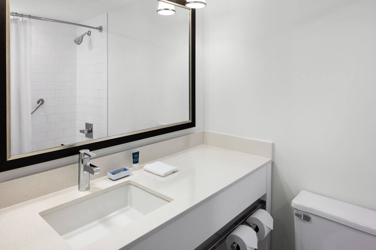 A modern bathroom with a white sink, a mirror, a shower, and a toilet.
