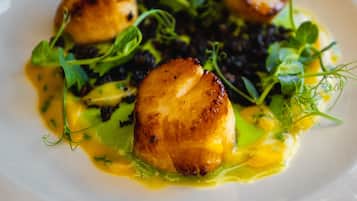 A plate of food with seared scallops, greens, and a yellow sauce.