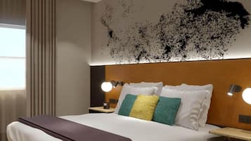 A hotel room with a large bed, two bedside tables, a wall-mounted light fixture, and a window with curtains.