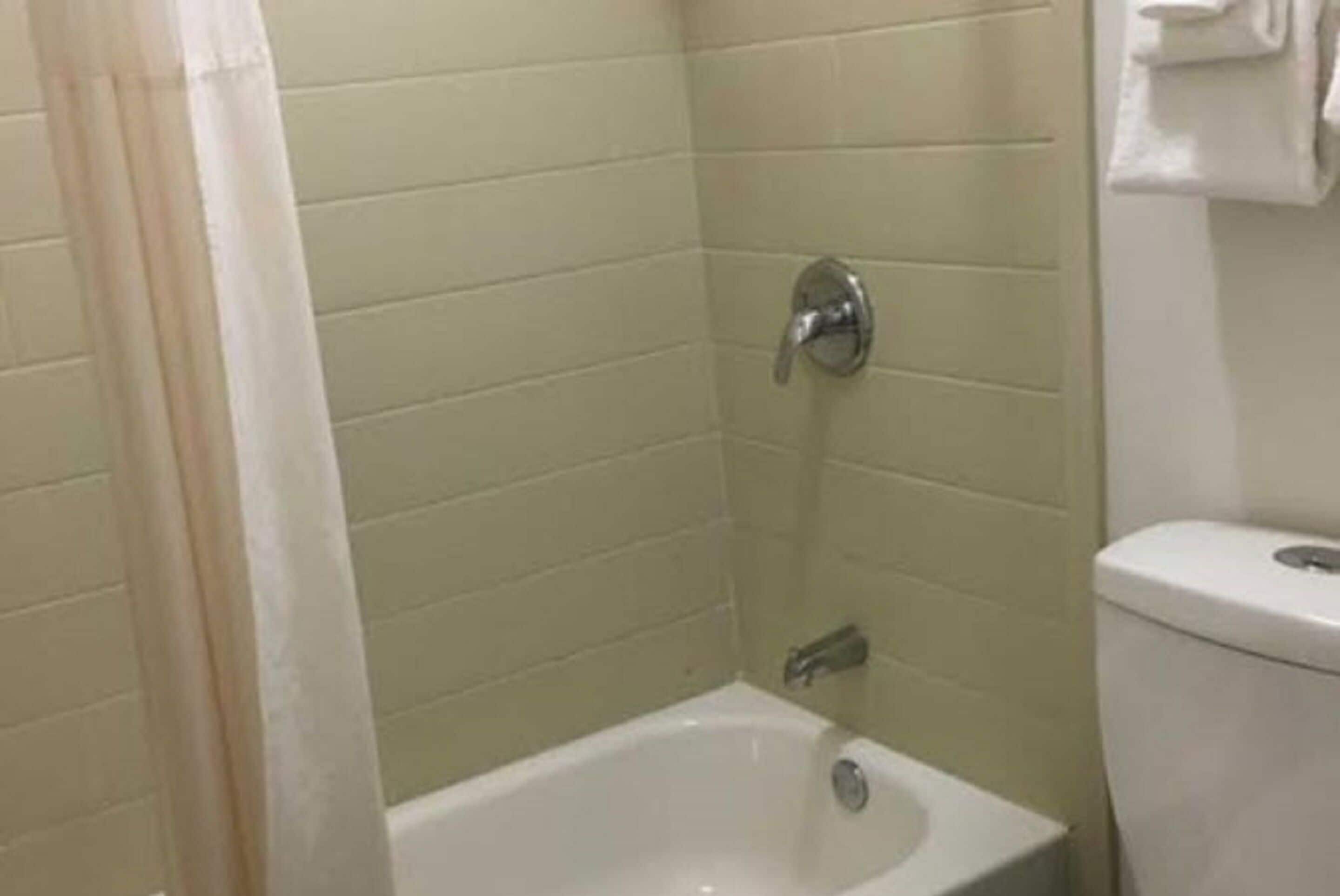 A bathroom with a bathtub, a toilet, and a shower curtain.