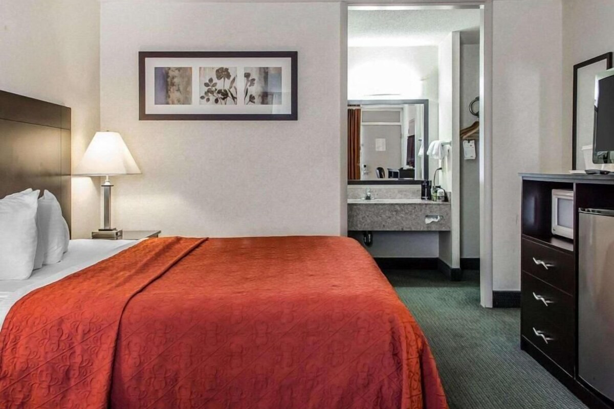 Una habitación de hotel con cama, lámpara de noche, un cuadro en la pared, baño con espejo, lavamanos y televisor.
