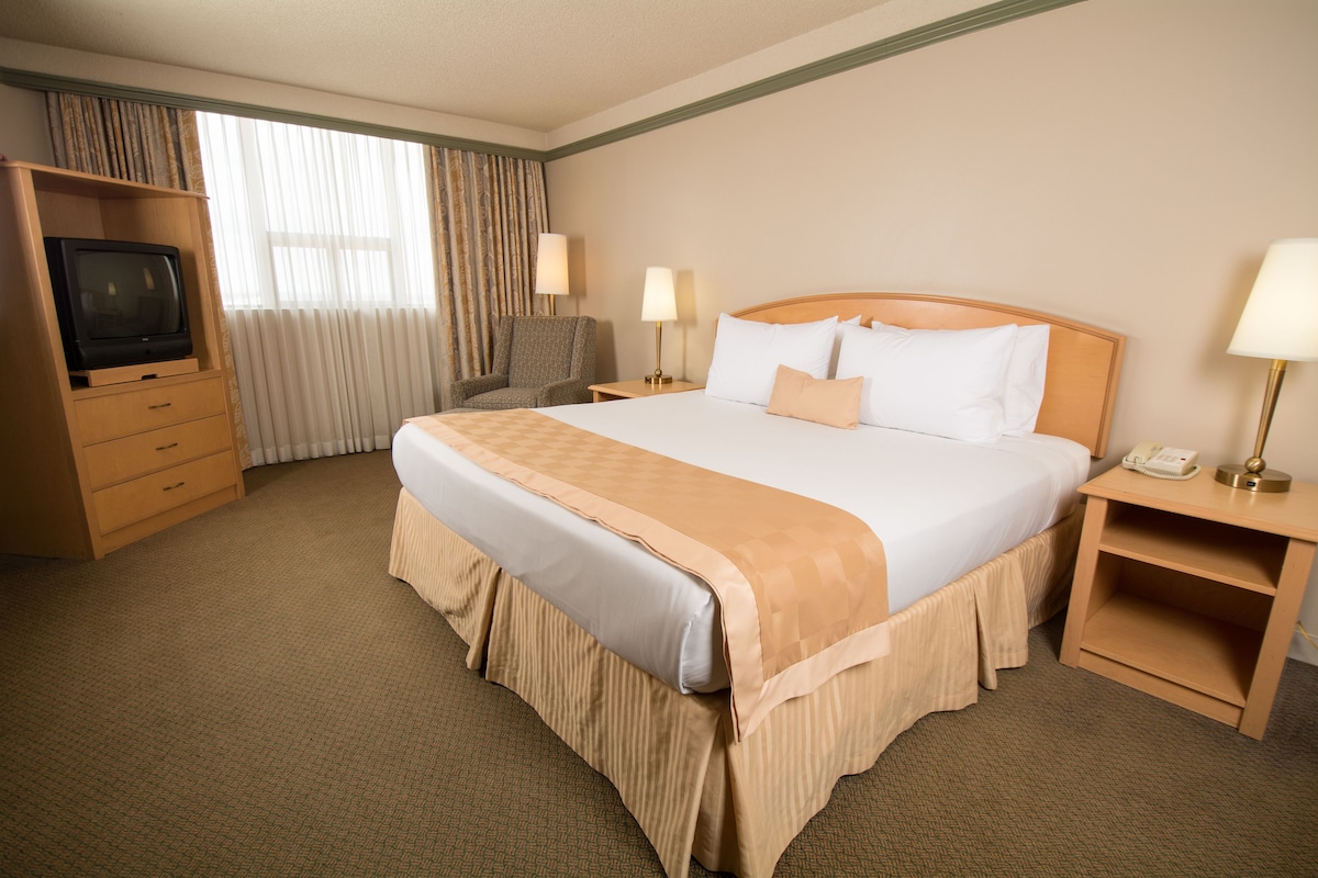 A hotel room with a large bed, a TV, a chair, two bedside tables with lamps, and a desk with a phone.