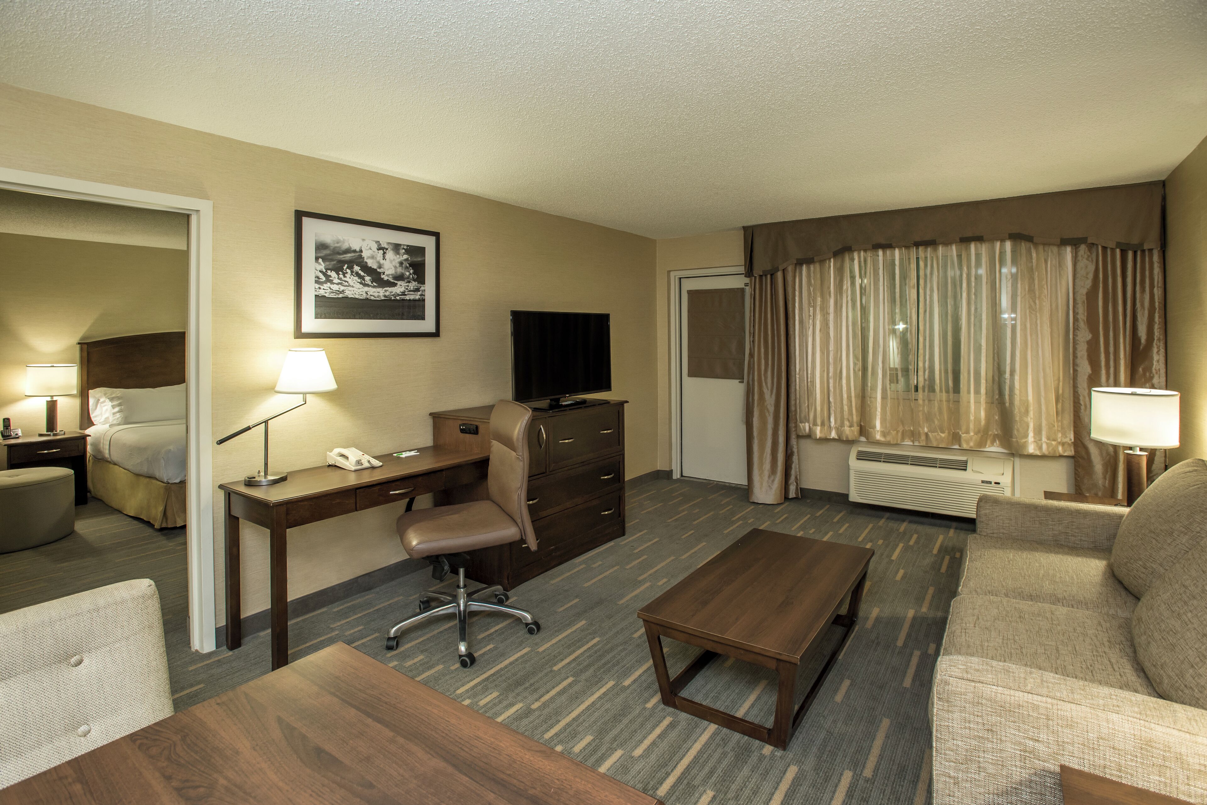 Una habitación de hotel con cama, escritorio, silla, mesa de centro y televisor.