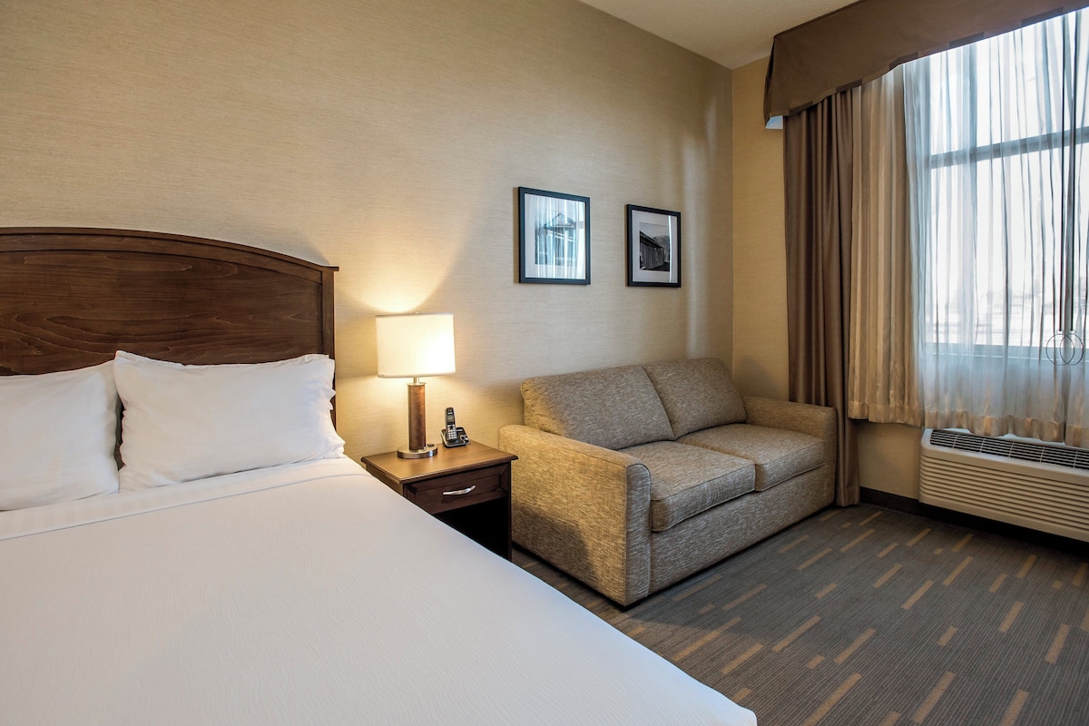 A hotel room with a bed, a nightstand with a lamp and phone, a sofa, two framed pictures on the wall, and a window with curtains.