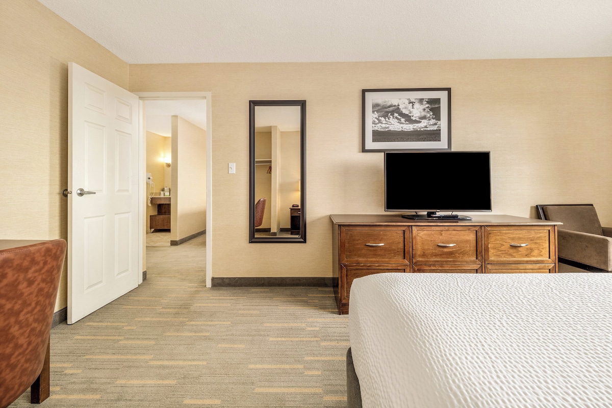 A hotel room with a bed, a TV, a dresser, and a mirror.