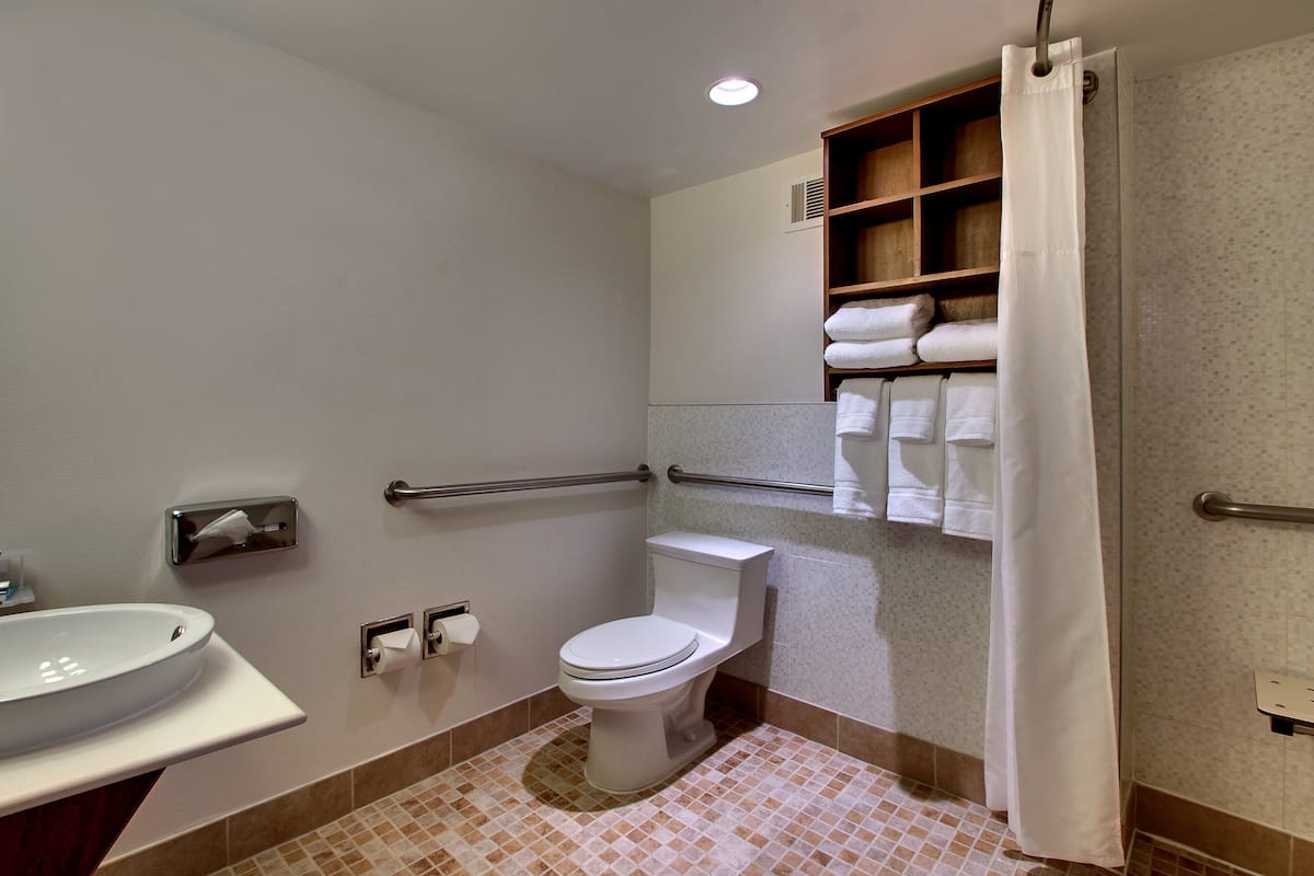 A bathroom with a toilet, sink, and towel rack.