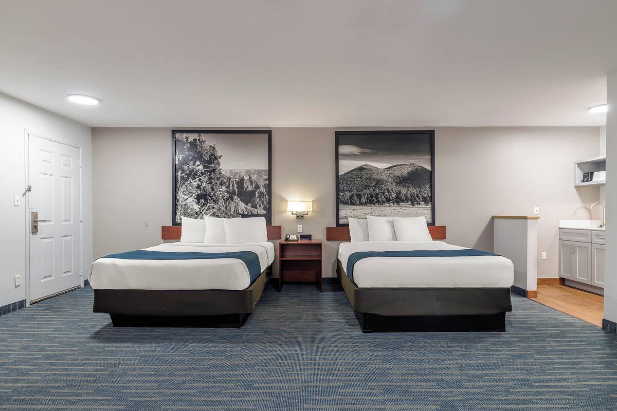 A hotel room with two beds, a nightstand, a lamp, and a view of mountains.