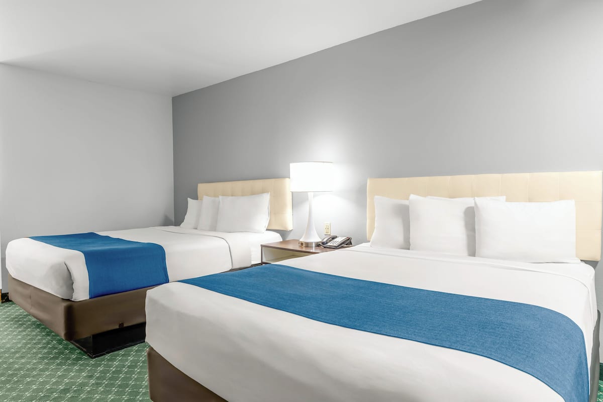 A hotel room with two beds, a nightstand, a lamp, and a green patterned carpet.