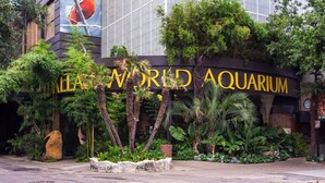 The exterior of the All World Aquarium with a large sign, surrounded by lush greenery and a modern building facade. - Holiday Inn Express Dallas Medical-Market Center by IHG (Dallas)
