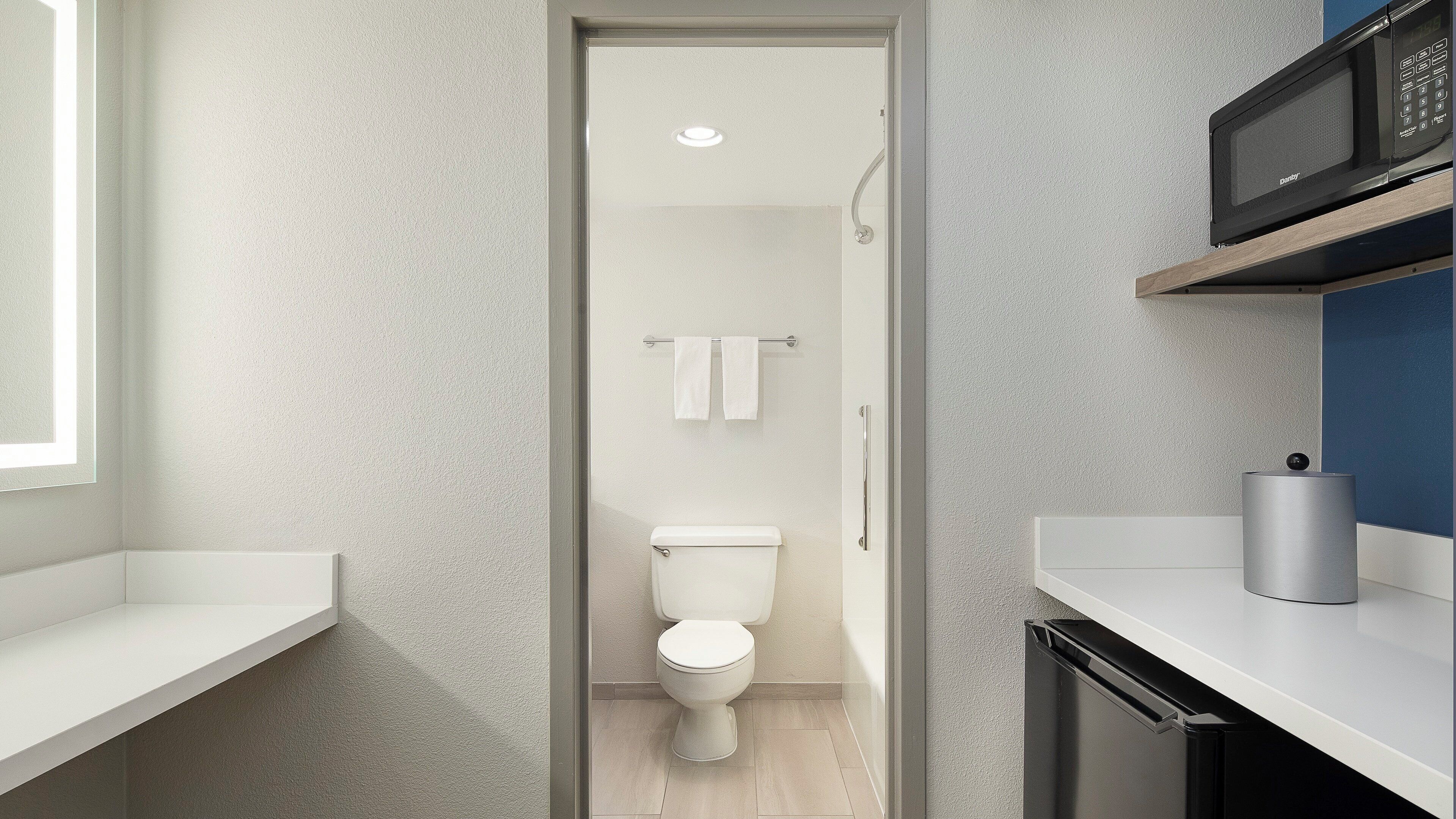 Un bagno moderno con il water, un lavandino e un forno a microonde sul piano di lavoro.