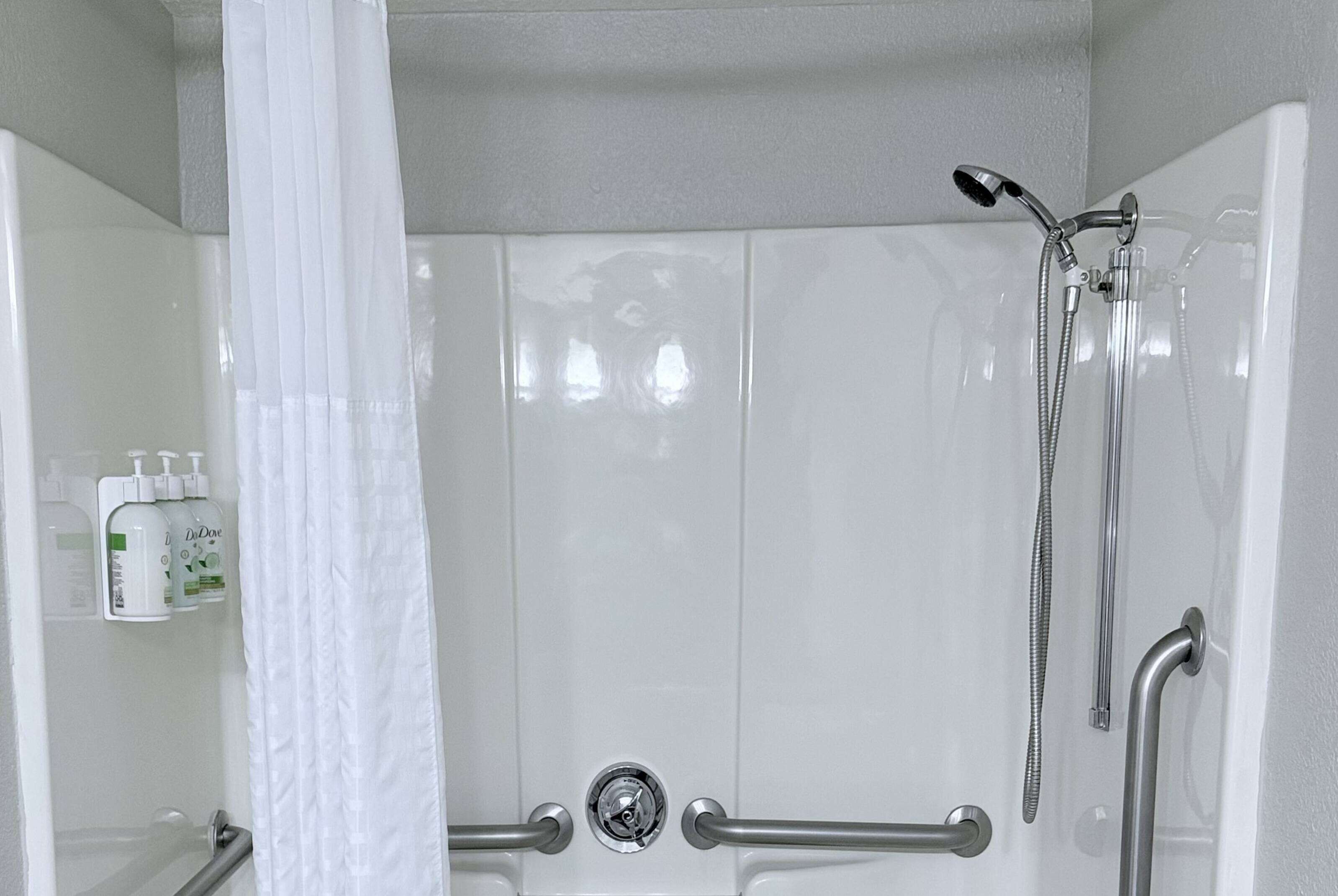 A shower area with a handheld showerhead, a wall-mounted faucet, and a grab bar.