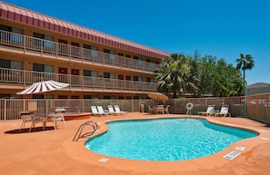 Outdoor pool, pool umbrellas, sun loungers