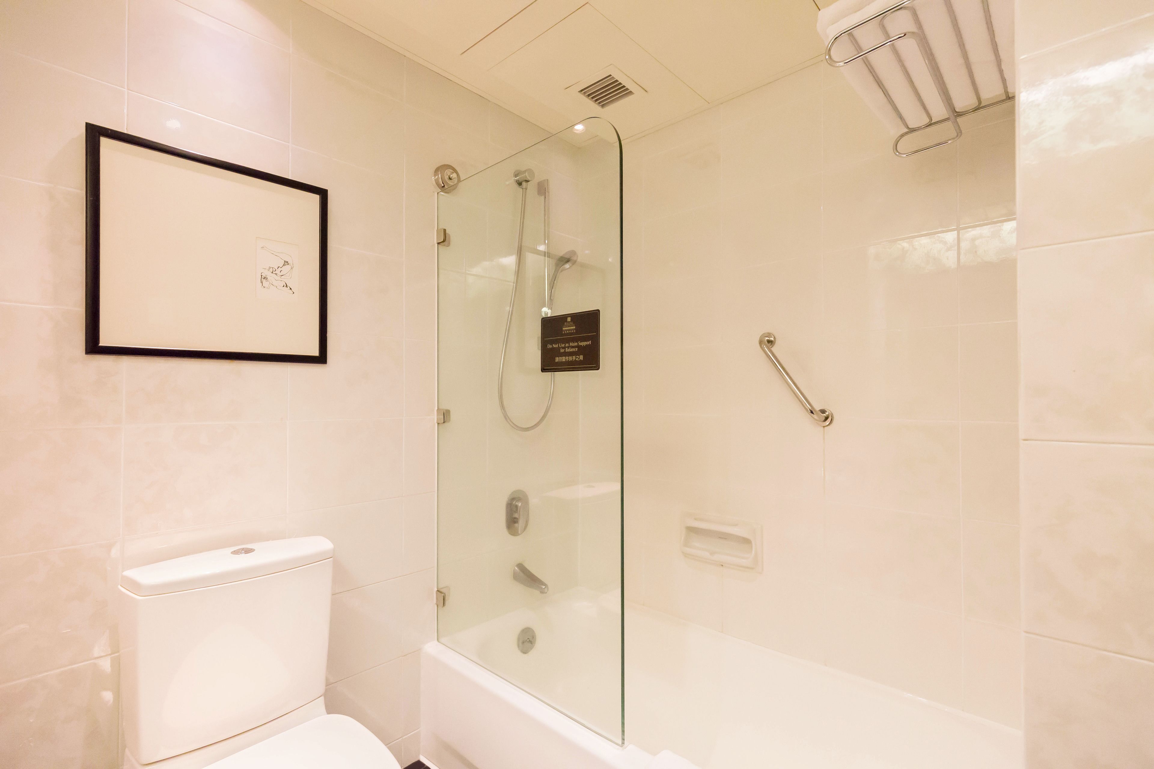 A modern bathroom with a glass-enclosed shower, a white toilet, and a framed picture on the wall.