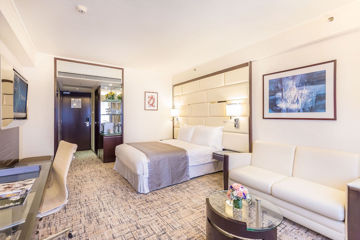 A hotel room with a bed, a sofa, a desk, and a TV.