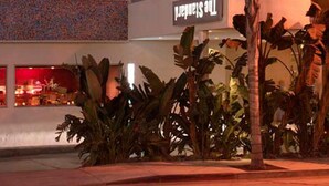 Um hotel com várias varandas, uma placa com a inscrição 'The Seaside' e plantas tropicais em primeiro plano.