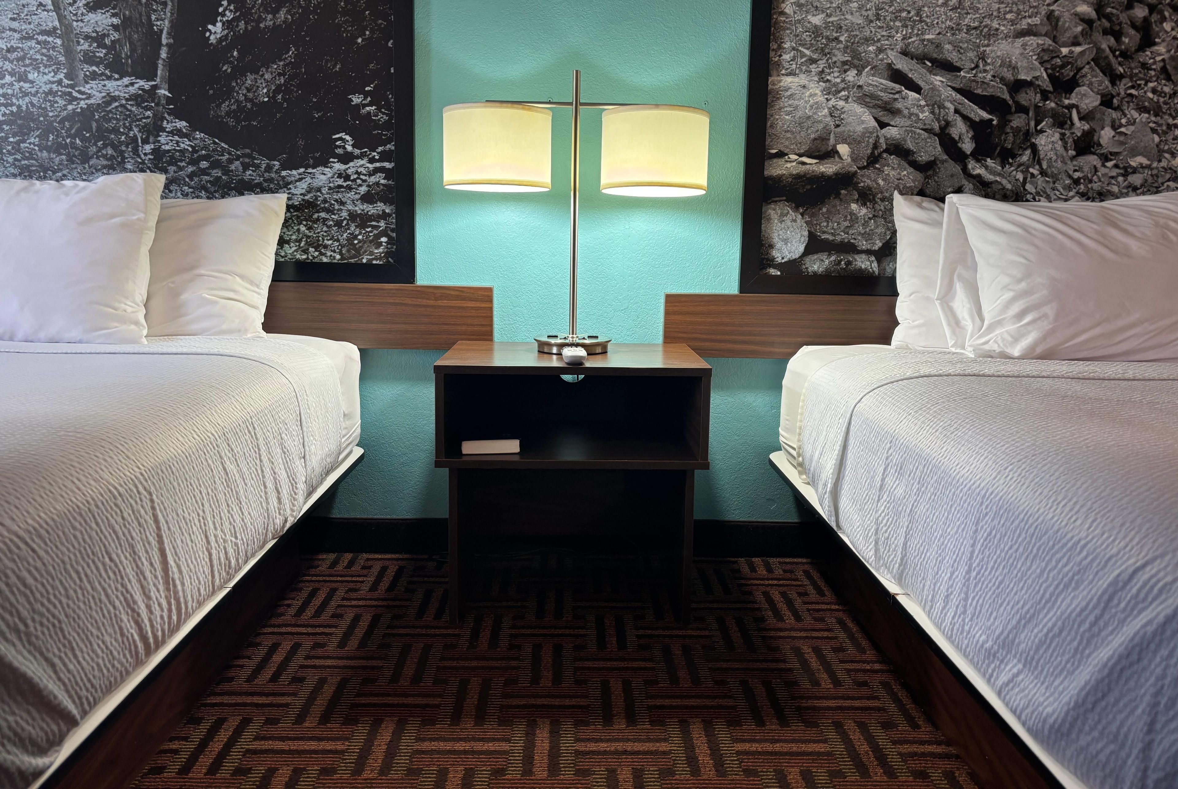 Une chambre d’hôtel avec deux lits, une table de chevet avec une lampe, un tableau accroché au mur et une moquette à motifs.