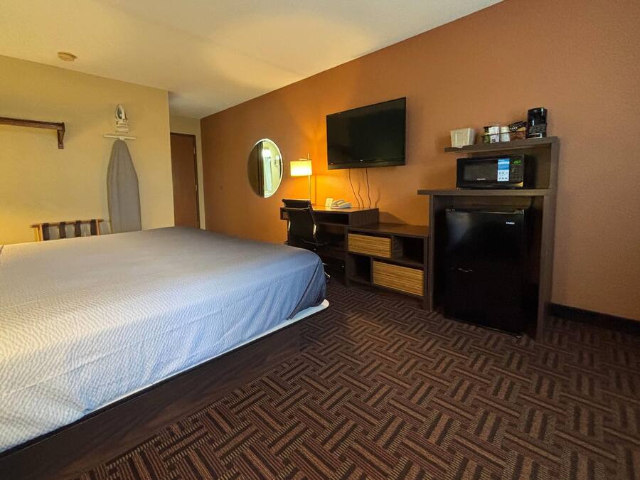 Habitación de hotel con cama, escritorio, televisor de pantalla plana, microondas y refrigerador pequeño.