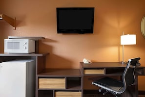 Desk, laptop workspace, blackout curtains, iron/ironing board