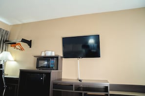 Desk, laptop workspace, blackout curtains, free WiFi