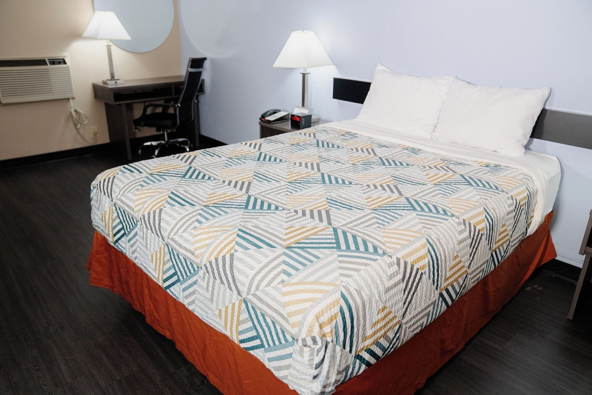 Desk, laptop workspace, blackout curtains, free WiFi