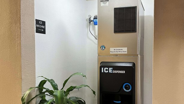 An ice dispenser with a sign indicating it's for ice machines, a caution sign about not filling ice chests, and a plant in the foreground. - Motel 6 Litchfield, IL (Litchfield)