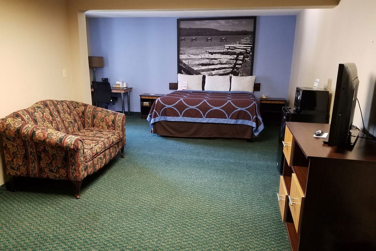 A hotel room with a bed, a chair, a desk, a television, and a large wall-mounted picture.