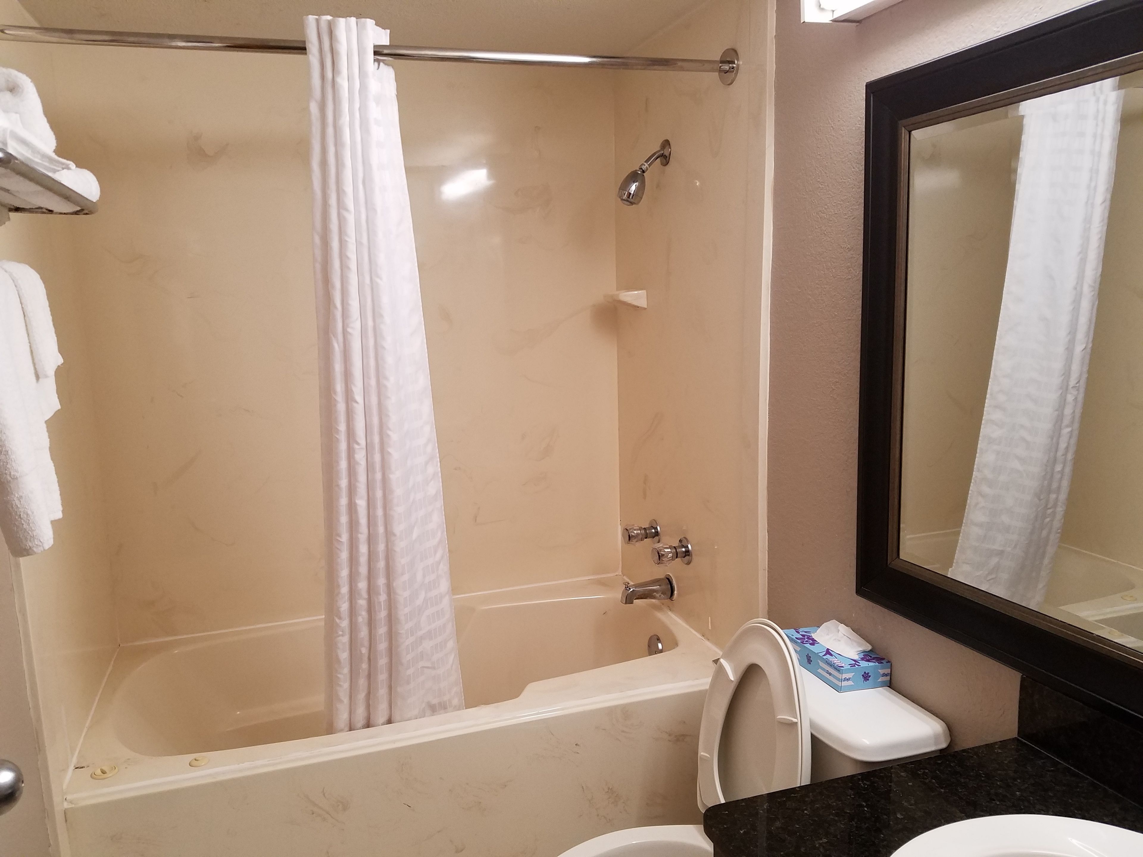 Ein Badezimmer mit Badewanne, Duschvorhang, Toilette und Spiegel.