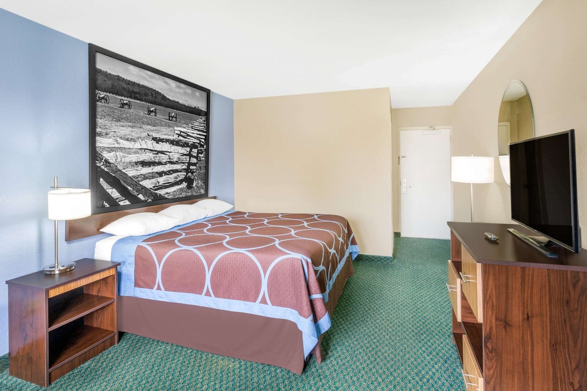 A hotel room with a bed, a TV, a desk, a lamp, and a large framed picture on the wall.