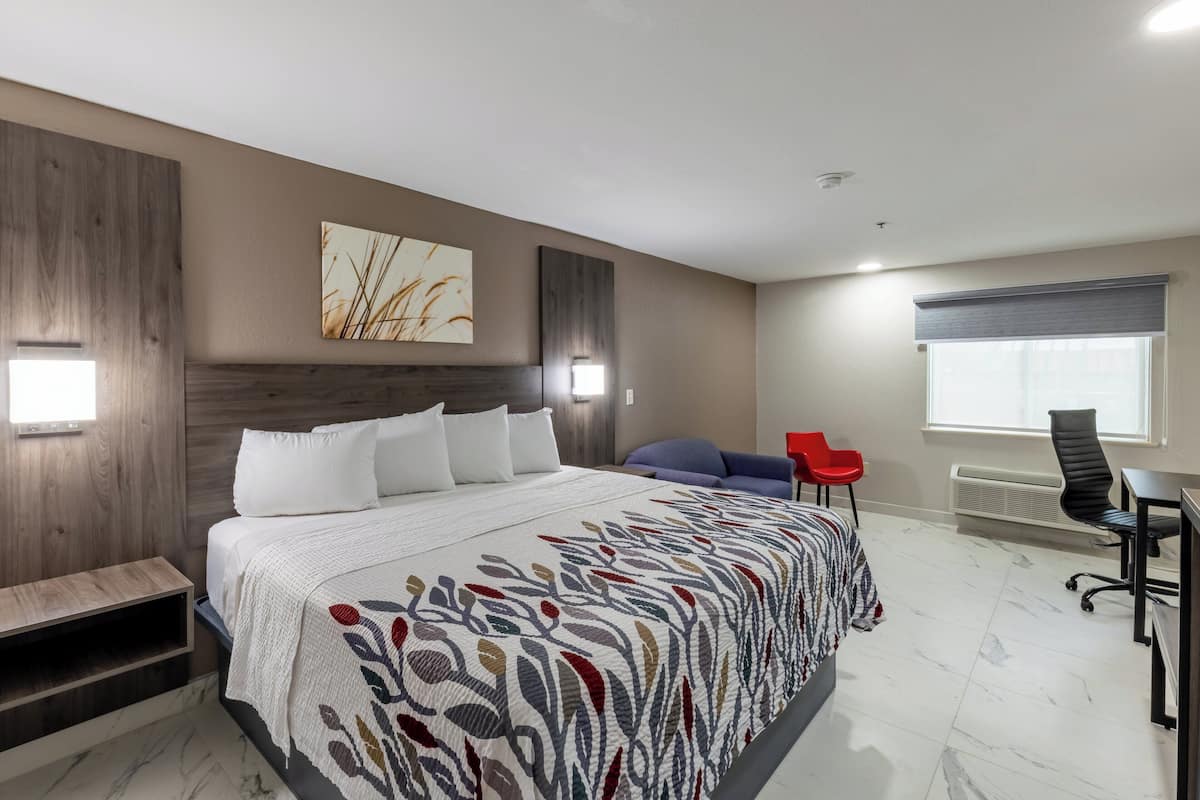 Una habitación de hotel moderna con una cama grande, un escritorio, una silla y un ventanal.