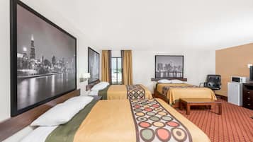 A hotel room with two beds, a desk, a chair, a television, and a refrigerator.