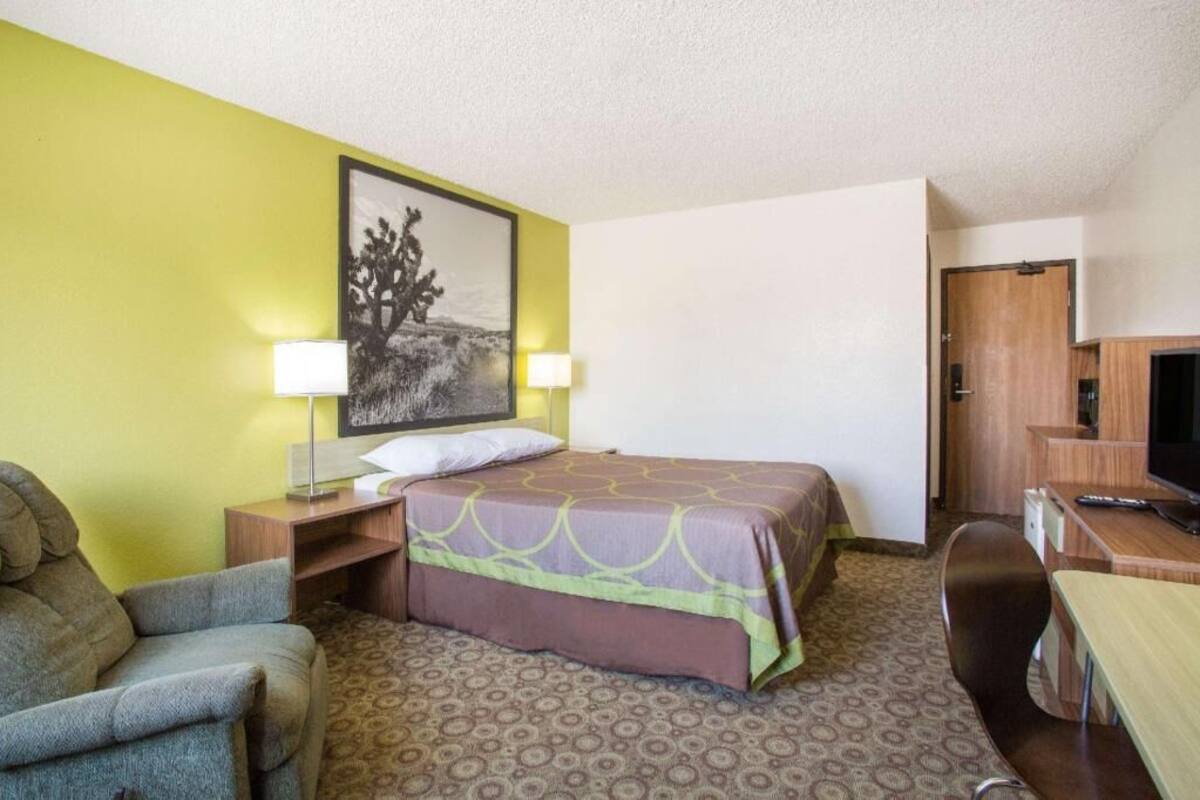 Een hotelkamer met een bed, bureau, stoel, televisie en een foto aan de muur.