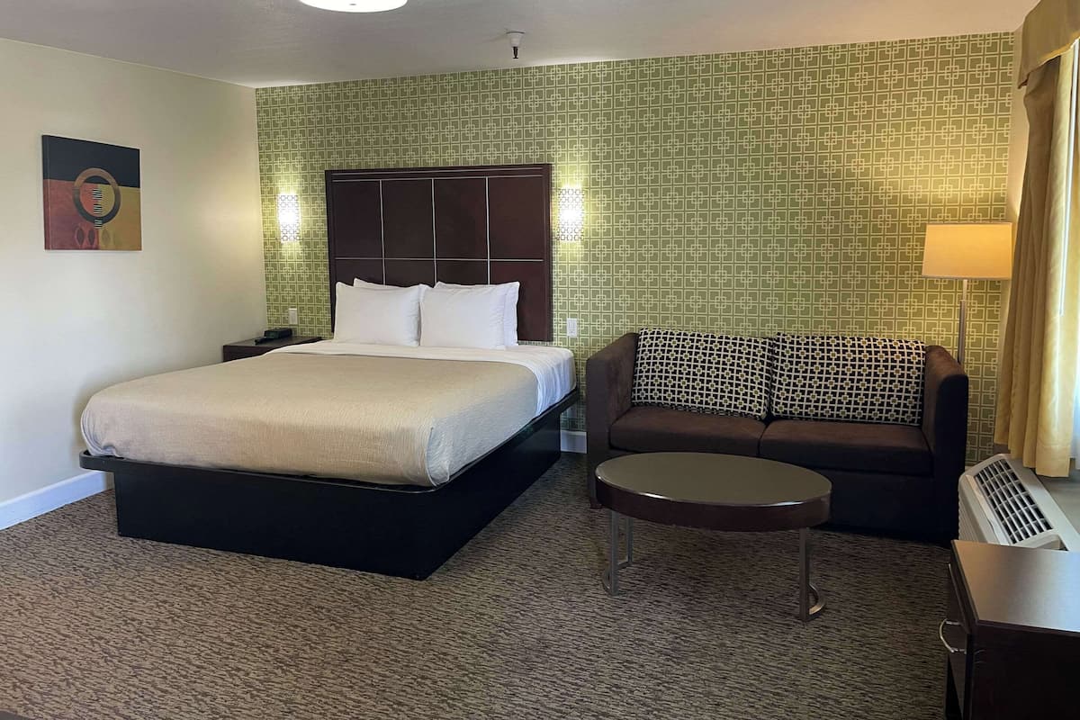 A hotel room with a bed, a sofa, a small table, and a heater.
