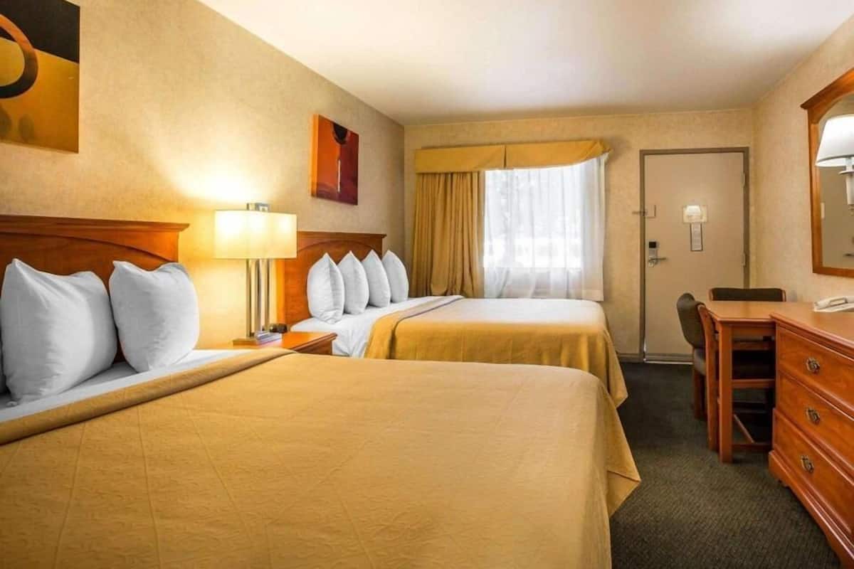 A hotel room with two beds, a desk, a chair, a dresser, a door, and a window with curtains.