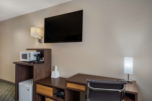 Desk, laptop workspace, free WiFi, bed sheets