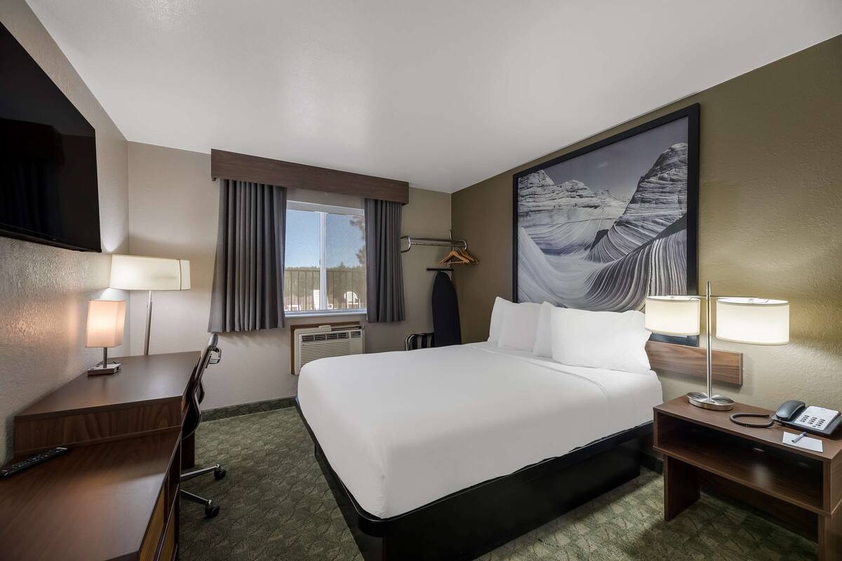 Habitación de hotel con una cama grande, un escritorio con lámpara, una silla, un televisor, una ventana con cortinas y un cuadro en la pared.