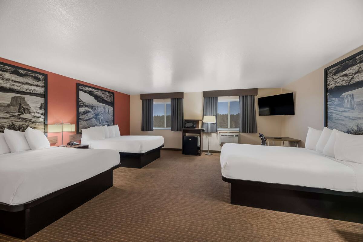 Habitación de hotel con dos camas, un escritorio, un televisor y obras de arte en las paredes.
