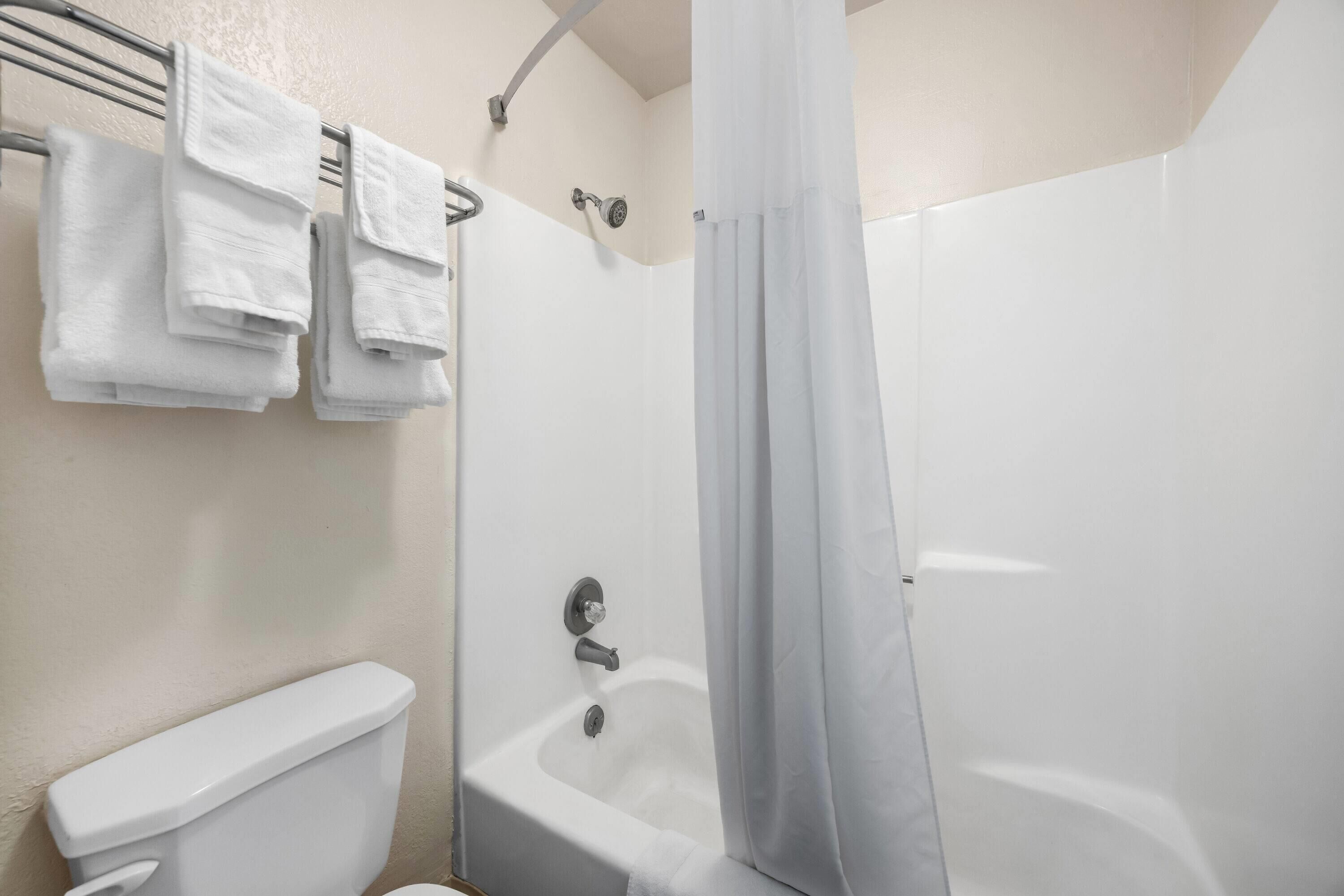 A bathroom with a bathtub, a toilet, and a shower curtain.